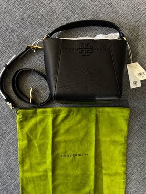 Tory Burch Macgraw Black Pebbled Leather Crossbody Bucket Bag